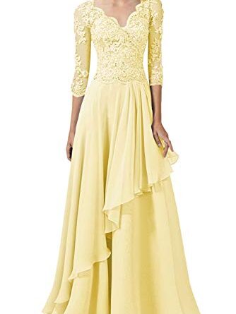 Abendkleider Spitzen Lang Ballkleider Hochzeitskleid A-Linie Brautjungfernkleider 3/4Ärmel Elegant Brautmutterkleider Festkleider Gelb 32